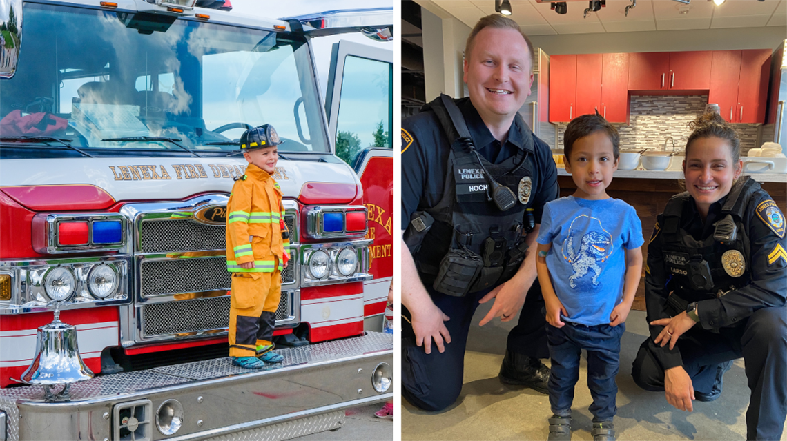 Young boy standing on top of a fire truck and young boy standing and smiling with two police officers.