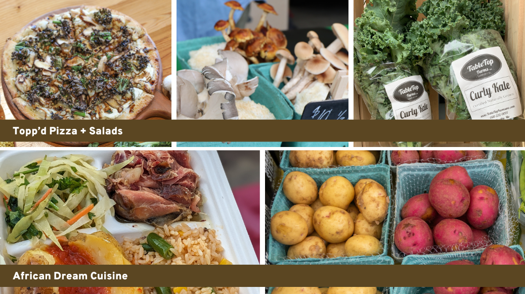 Farm to Fork menu items showing pizza, mushrooms, kale, braised chicken plate and potatoes. Text on top layer reads 