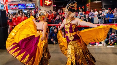 Asian performers doing a dance instead the Lenexa Public Market for Lunar New Year Celebration