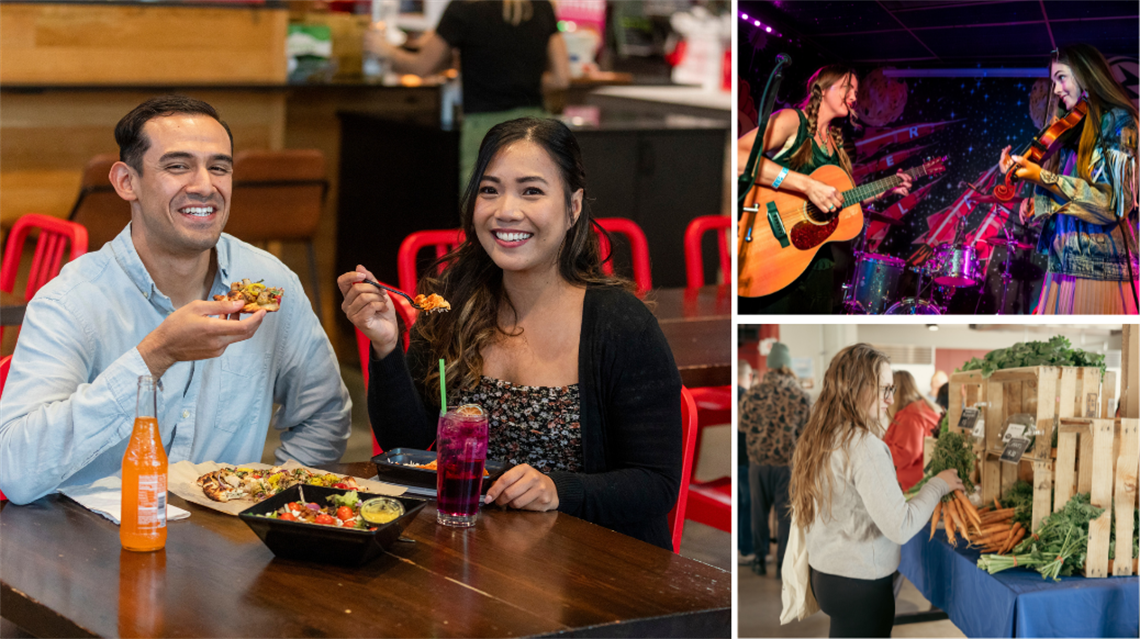 Three photo collage: left showing a couple eating inside the Public Market, top right shows Kristin & Lucy Gray Hamilton performing and bottom right shows woman shopping at the Winter Lenexa Farmers Market