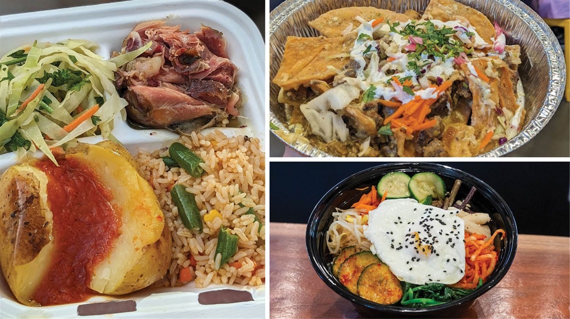 Collage of three images showing dishes from African Dream Cuisine, Chilakillers and Kimchi and Bap.